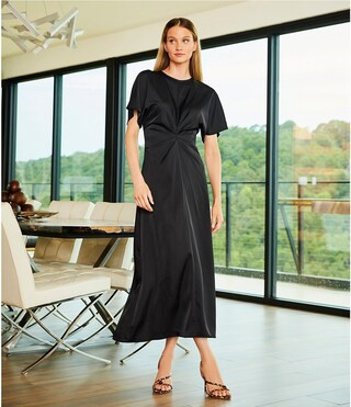 Gabriella Satin Ruched Jewel Neck Short Sleeve Flounce Midi Dress | Dillard's
