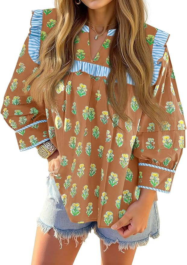 Tankaneo Womens Floral Babydoll Blouse Puff Sleeve Peplum Tops Casual Ruffle V Neck Flowy Boho Cu... | Amazon (US)