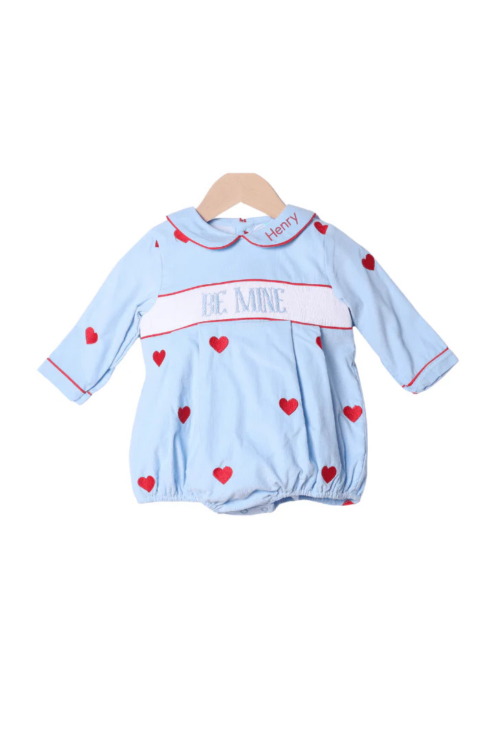 Smocked Be Mine Embroidered Heart Blue Corduroy Bubble | The Smocked Flamingo