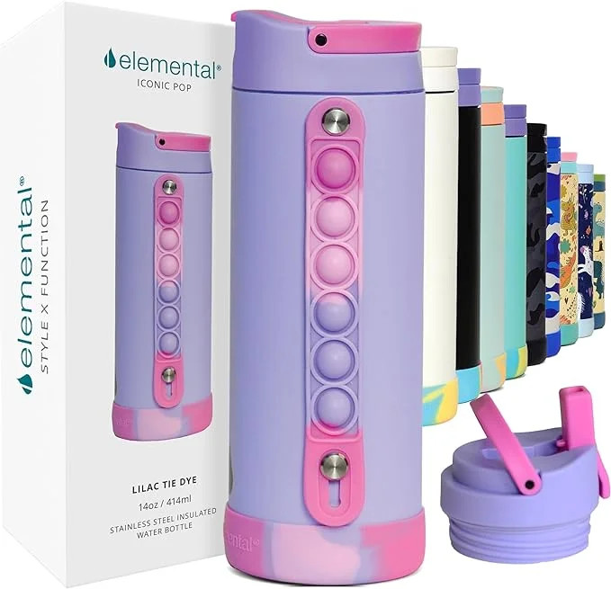 Elemental Iconic Kids Water Bottle with Straw Lid & Stress Reliever Pop It Handle - Leak-Proof Wh... | Walmart (US)