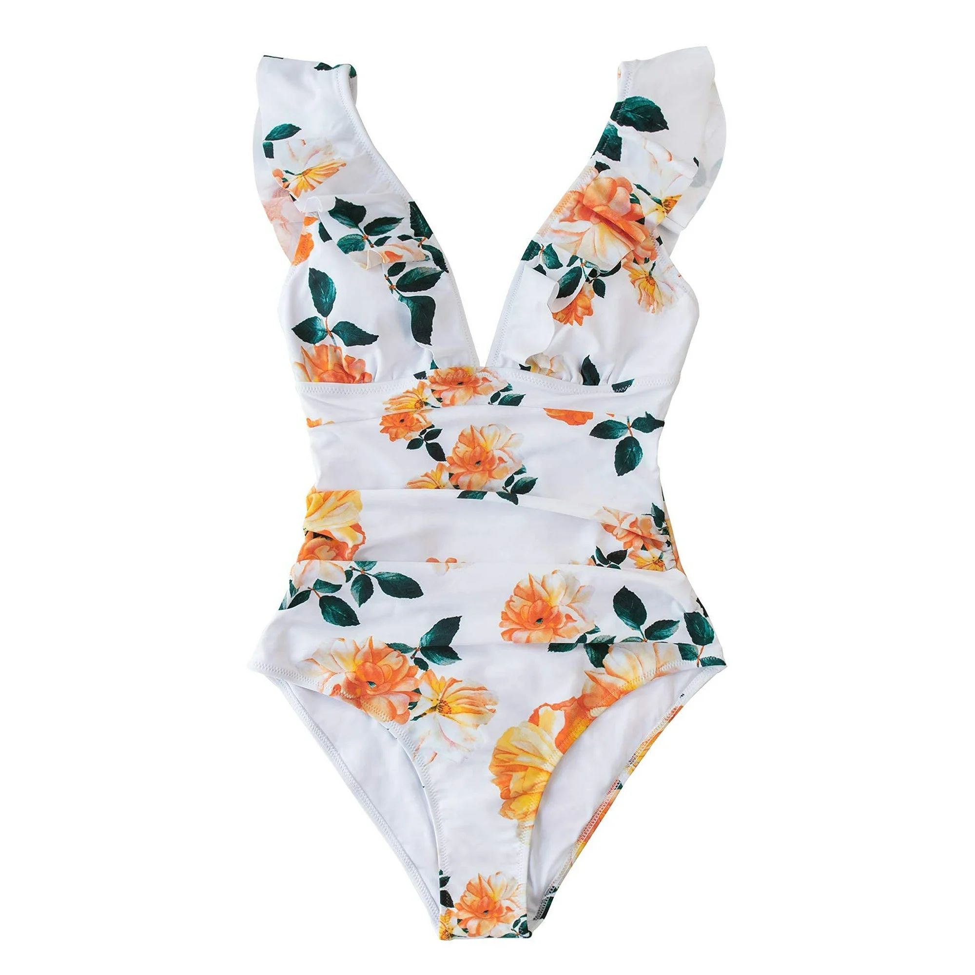 Cupshe Women's White Floral One Piece Swimsuit V Neck Ruffled Lace up Bathing Suit, Large | Walmart (US)