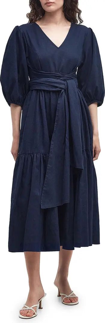 Annie Puff Sleeve Linen & Cotton Midi Dress | Nordstrom