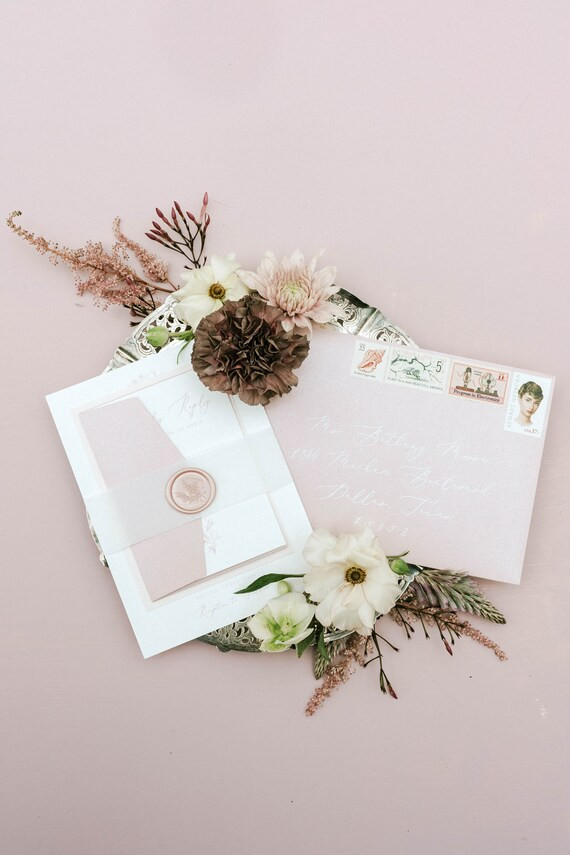 Delicate Floral Wreath Monogrammed Wedding Invitation in Pink Blush with Vellum Band, Wax Seal, R... | Etsy (US)