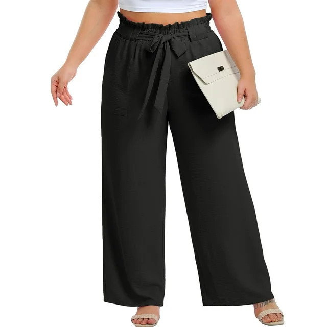 Cueply Womens Wide Leg Pants Plus Size Elastic Tie Knot Lounge Pants Loose Trousers with Pockets | Walmart (US)