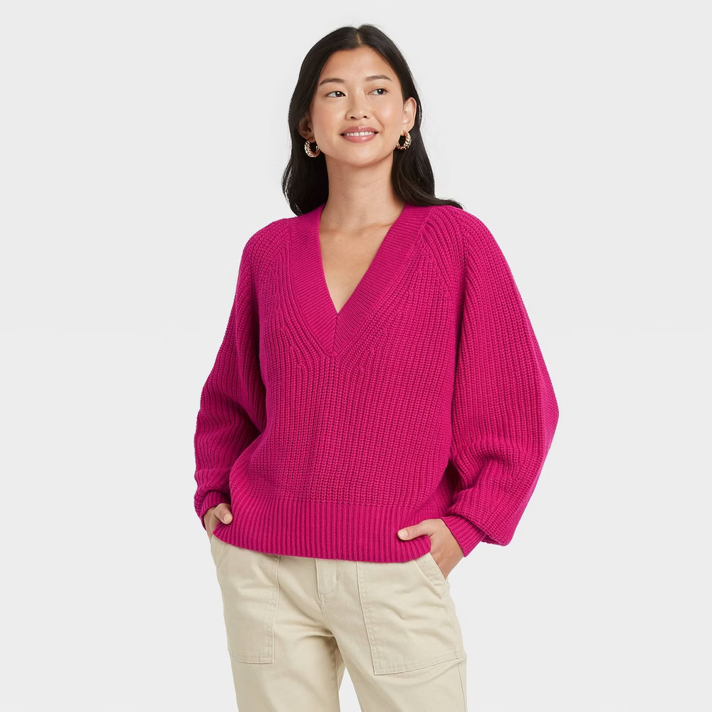 Women's V-Neck Pullover Sweater - A New Day Dark Pink S | Target