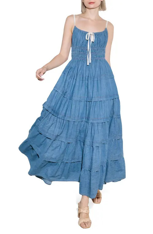FREEMARKET Tiered Denim Maxi Dress in Medium Indigo at Nordstrom, Size Large | Nordstrom