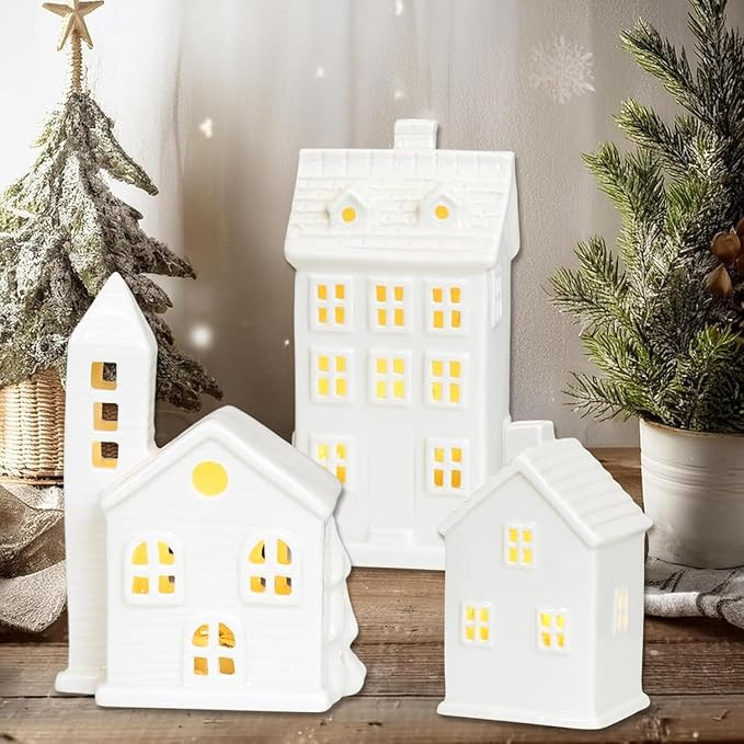 White Ceramic Christmas Village Houses,Christmas House Night Light,LED Light Up Christmas House,W... | Amazon (US)