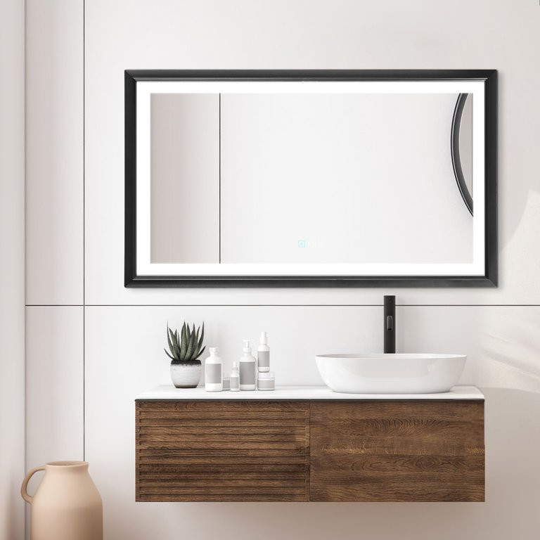 Stufurhome 60''x36'' Anti-Fog Dimmable LED Rectangular Framed Bathroom Mirror Black | Walmart (US)