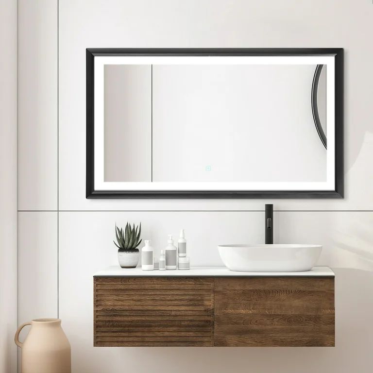 Stufurhome 60''x36'' Anti-Fog Dimmable LED Rectangular Framed Bathroom Mirror Black | Walmart (US)
