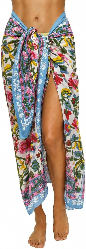 100% Cotton Hand Block Print Pareo Sarong Swimsuit Wrap Skirt Cover Up Long Women’s Apparel Fabric Beach Bikni (73" x 44") | Amazon (US)