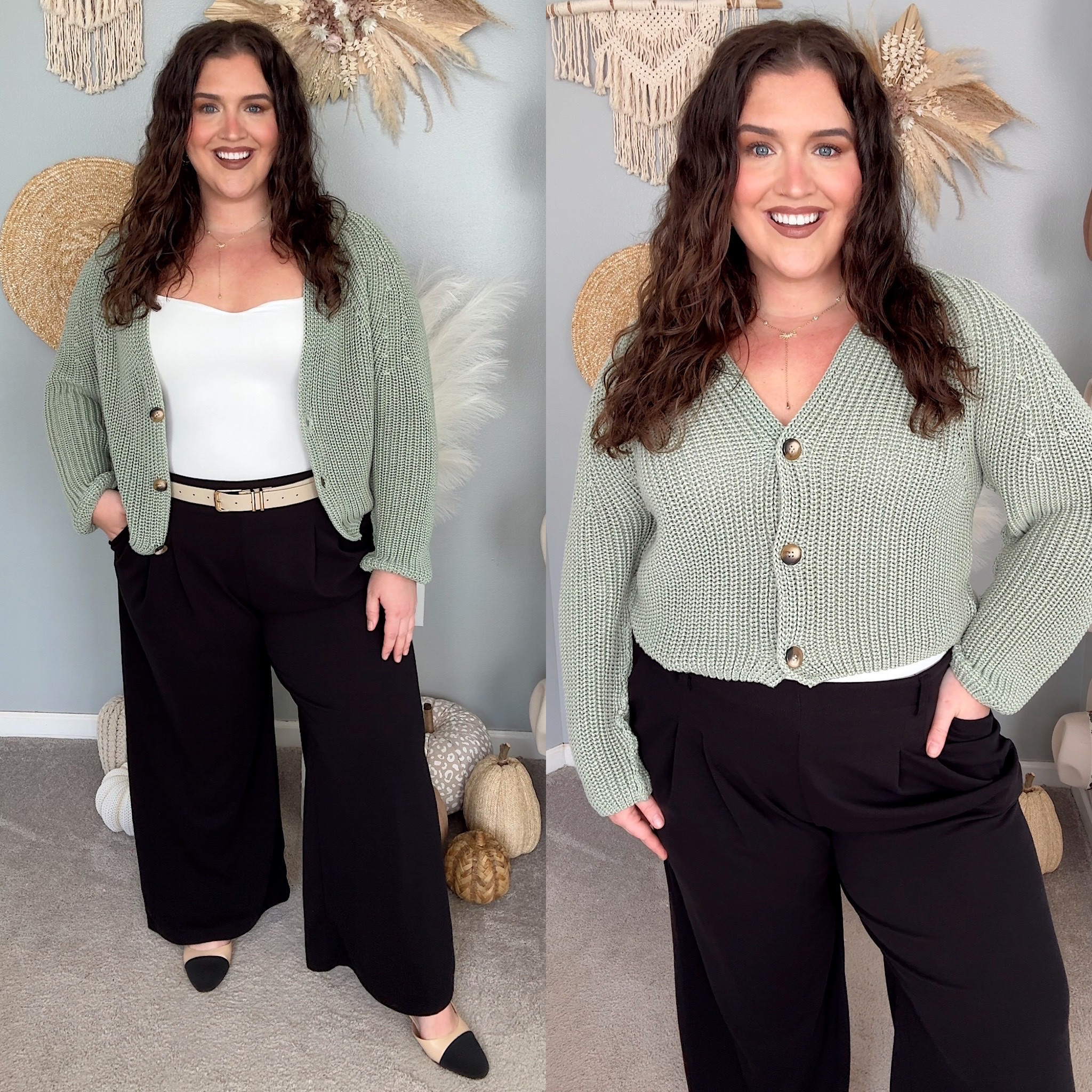 Cozy casual office outfit 💼 Knit cardigan, sweetheart neckline bodysuit, waffle wide leg pants + sling back flats 
Size XL in tops and XXL in bottoms

#LTKWorkwear #LTKStyleTip #LTKPlusSize