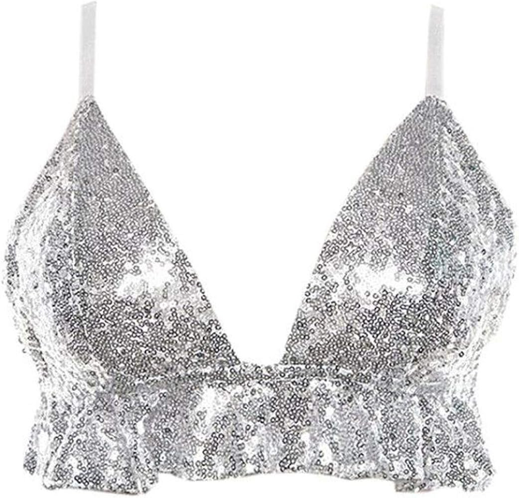 Naimo Women's Sequin Ruffle Crop Top Bralette Bra Rave Dance Tops | Amazon (US)