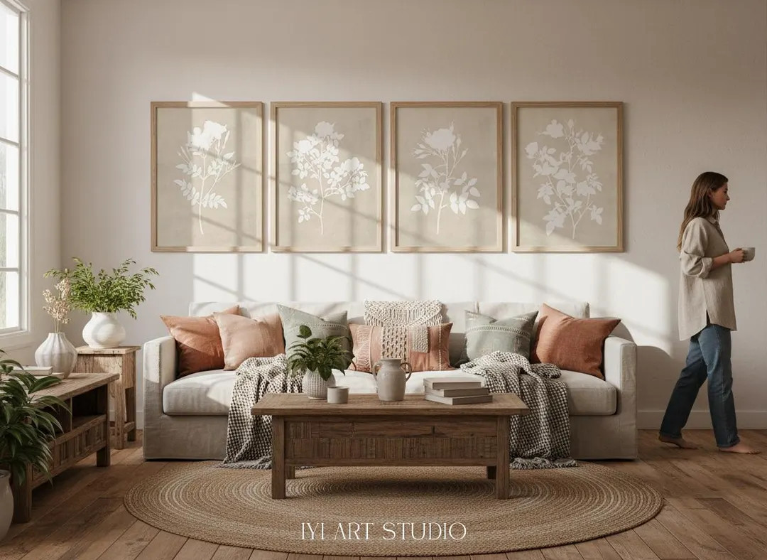 Neutral Botanical Art Print Set of 4: Modern Floral Artwork, Beige Living Room Decor - Etsy | Etsy (US)