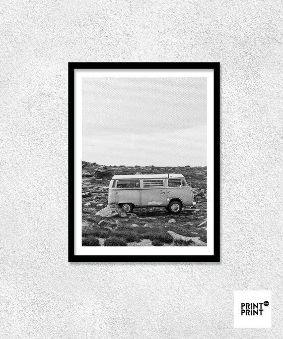 Vintage Minivan Print, WV Hippie Van, Volkswagen Bus Photo, Black And White Wall Art, Car in Desert  | Etsy (US)