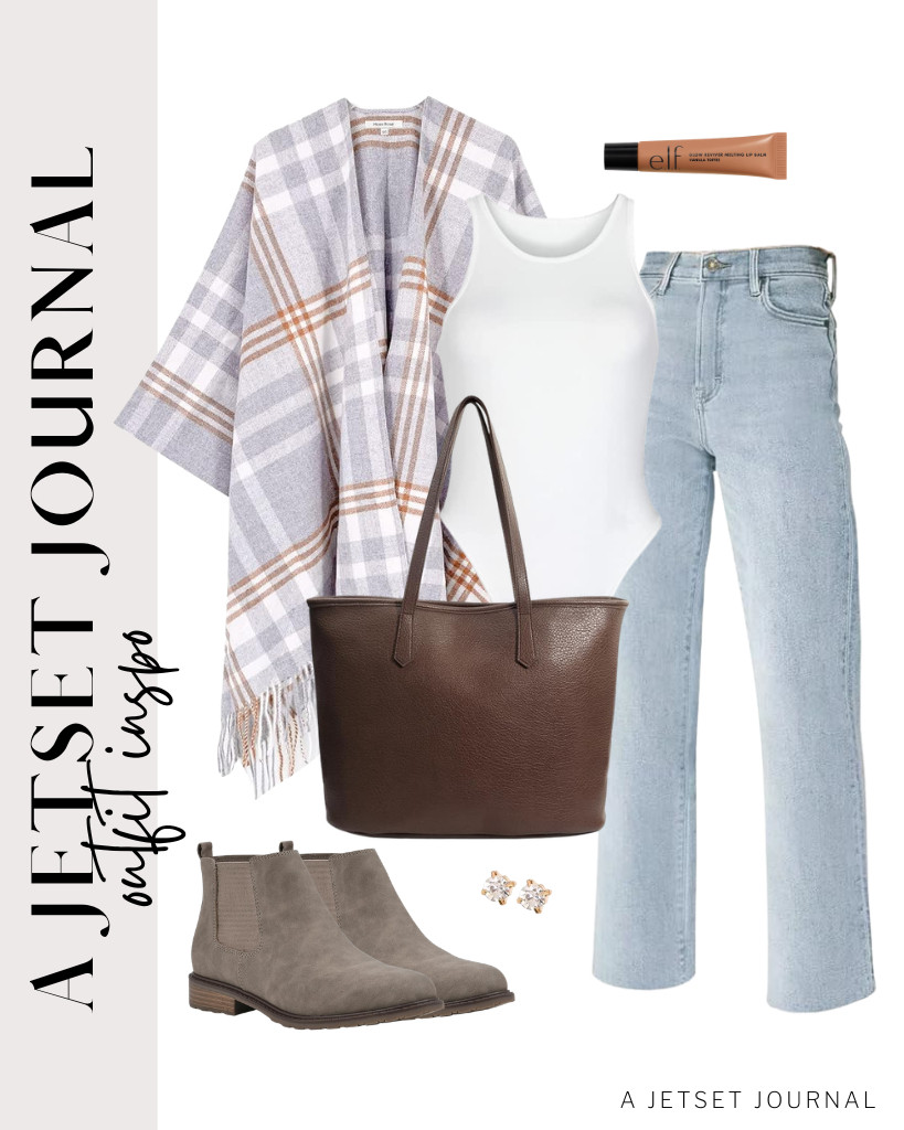 Your second outfit is a combination of this white bodysuit from REORIA and KDF cropped jeans that you can layer with this gray Moss Rose wrap poncho cape. This trendy zipper tote bag goes well with this look, together with WHITE MOUNTAIN block heel boots! 

 #LTKSeasonal #LTKSaleAlert #LTKTravel