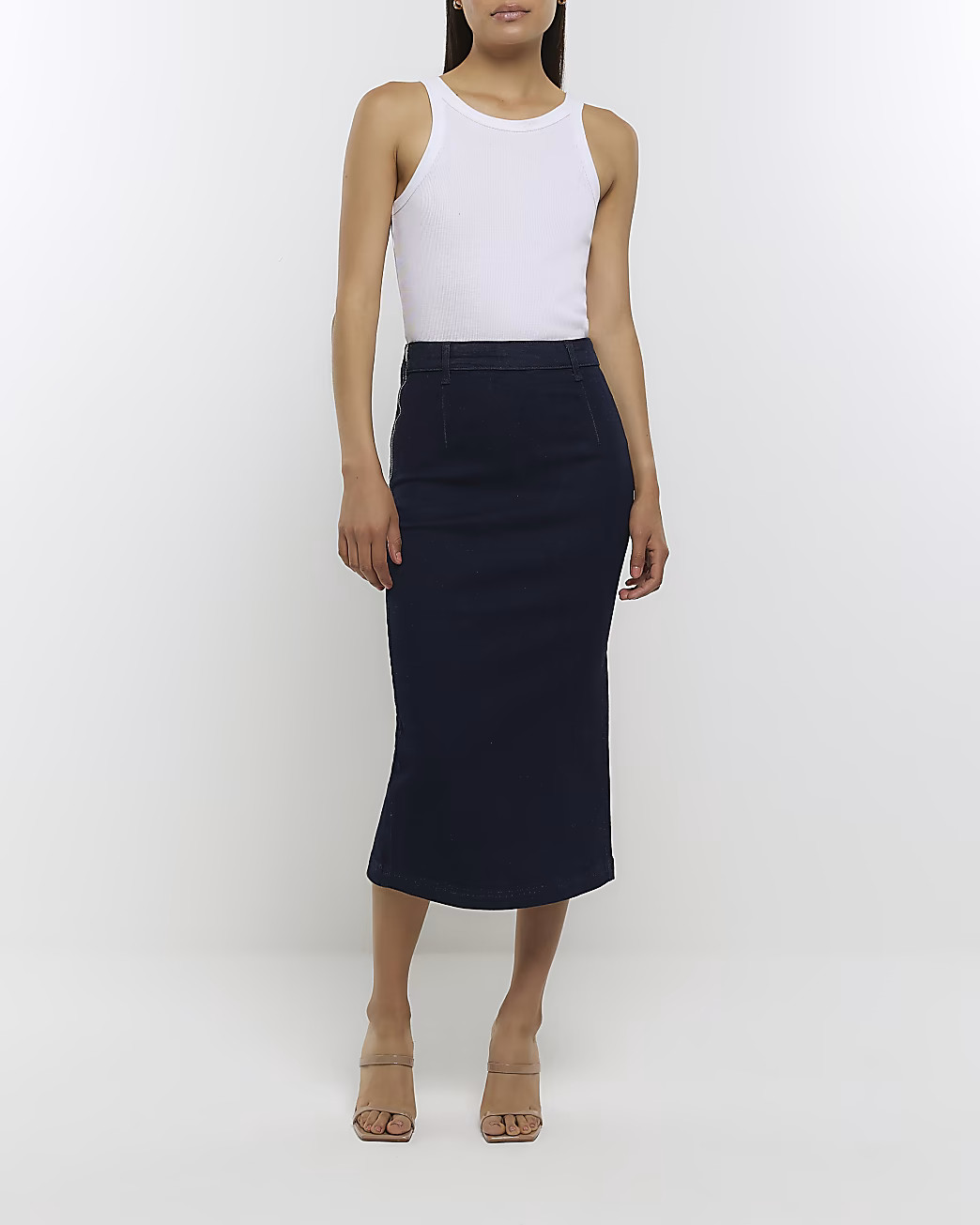 Navy denim pencil midi skirt | River Island (UK & IE)