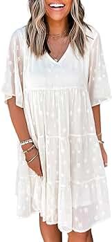 Women Casual Long Sleeve Summer Tunic Dress V Neck Loose Flowy Swing Shift Mini Dress | Amazon (US)