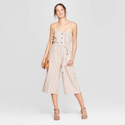 Women's Striped Sleeveless Deep V-Neck Button Front Jumpsuit - Universal Thread™ Brown/White | Target