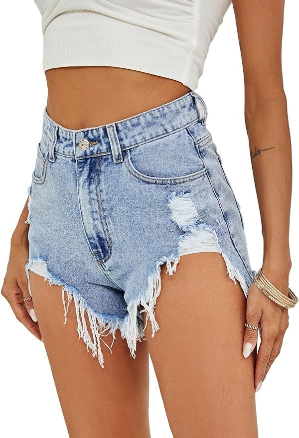 MakeMeChic Women's Ripped Jean Shorts High Waisted Distressed Denim Shorts | Amazon (US)