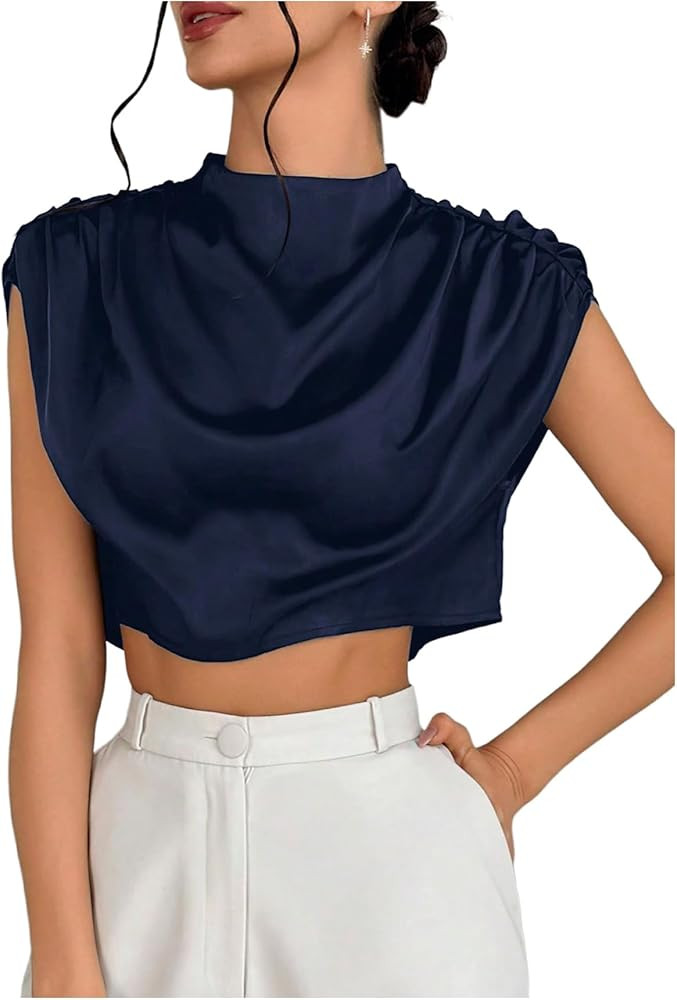 OYOANGLE Women's Elegant Cap Sleeve Satin Top Blouse Ruched Mock Neck Silk Camisole Tops Work Dre... | Amazon (US)