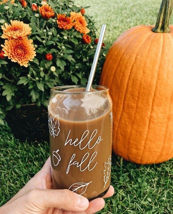 Hello Fall Beer Can Glass | Iced Coffee Drinkware | Beer Shaped Coffee Glass | Autumn Drinkware | Etsy (US)