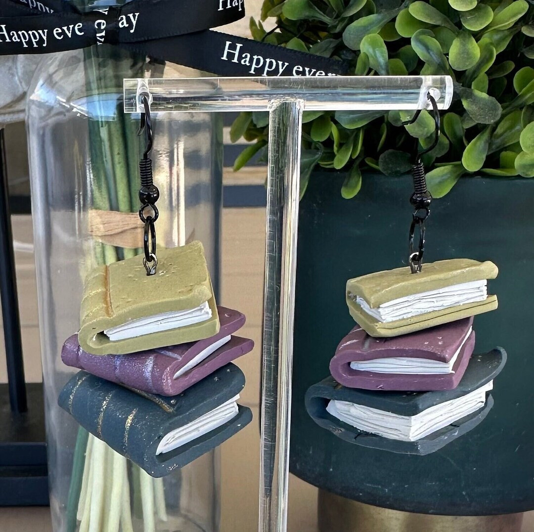 Book Stack Earrings Stack of Book Earrings Polymer Clay Earrings Dangle and Drop Earrings Dark Co... | Etsy ROW