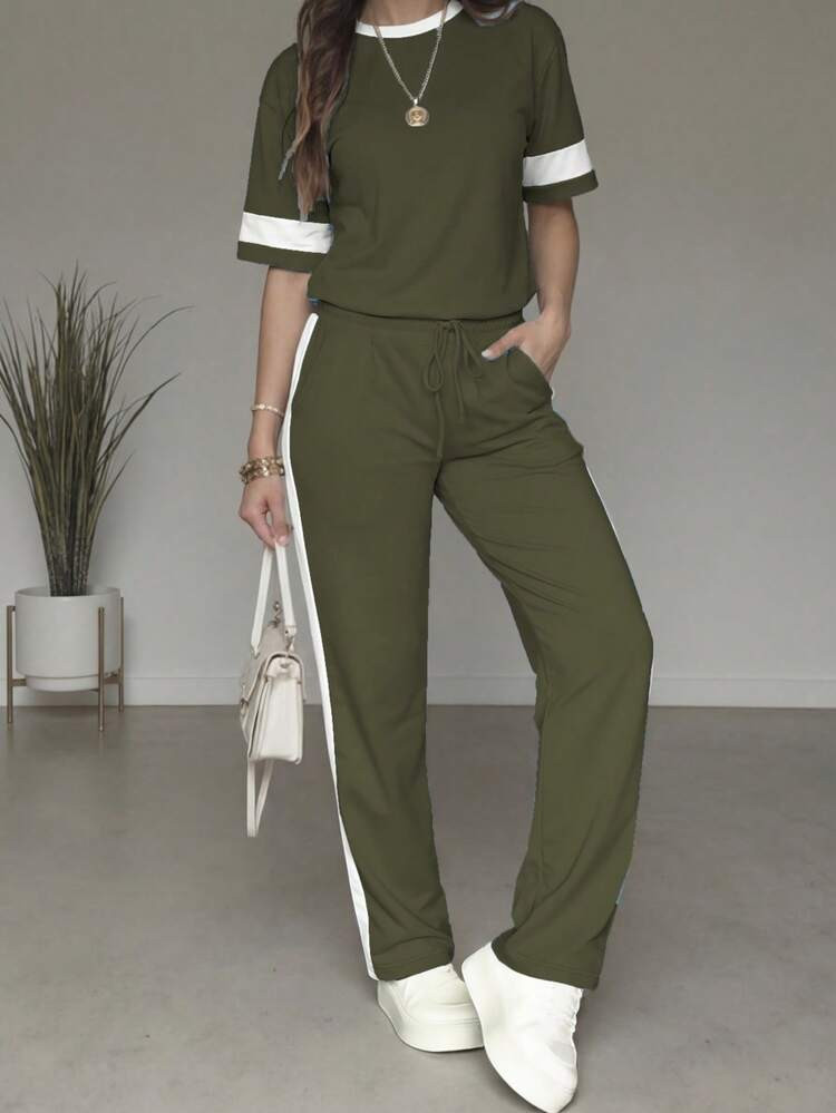 2pcs/Set Women's Casual Matching Contrast Color Round Neck Short Sleeve Top And High Waist Drawstring Straight Leg Pants, Spring/Summer | SHEIN