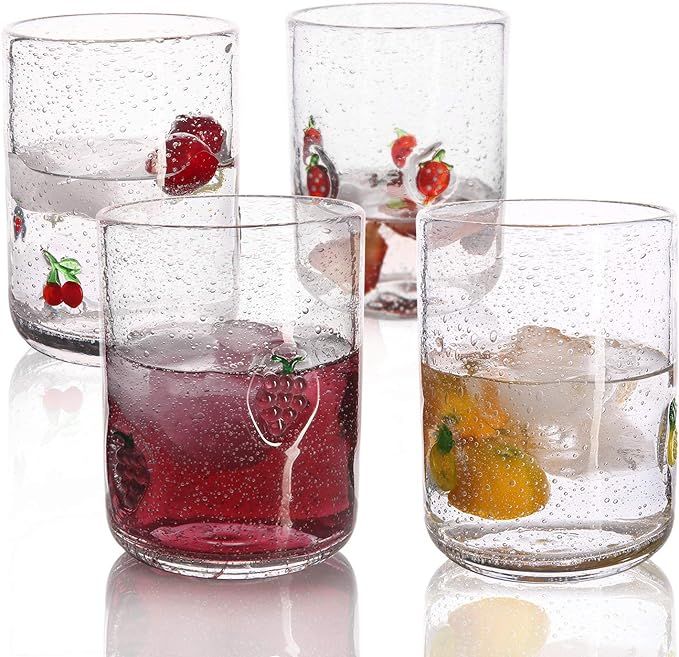 EVEREST GLOBAL Vintage Juice Bubble Glasses set of 4, 15.4 oz Hand-blown Clear with Fruit Decal S... | Amazon (US)