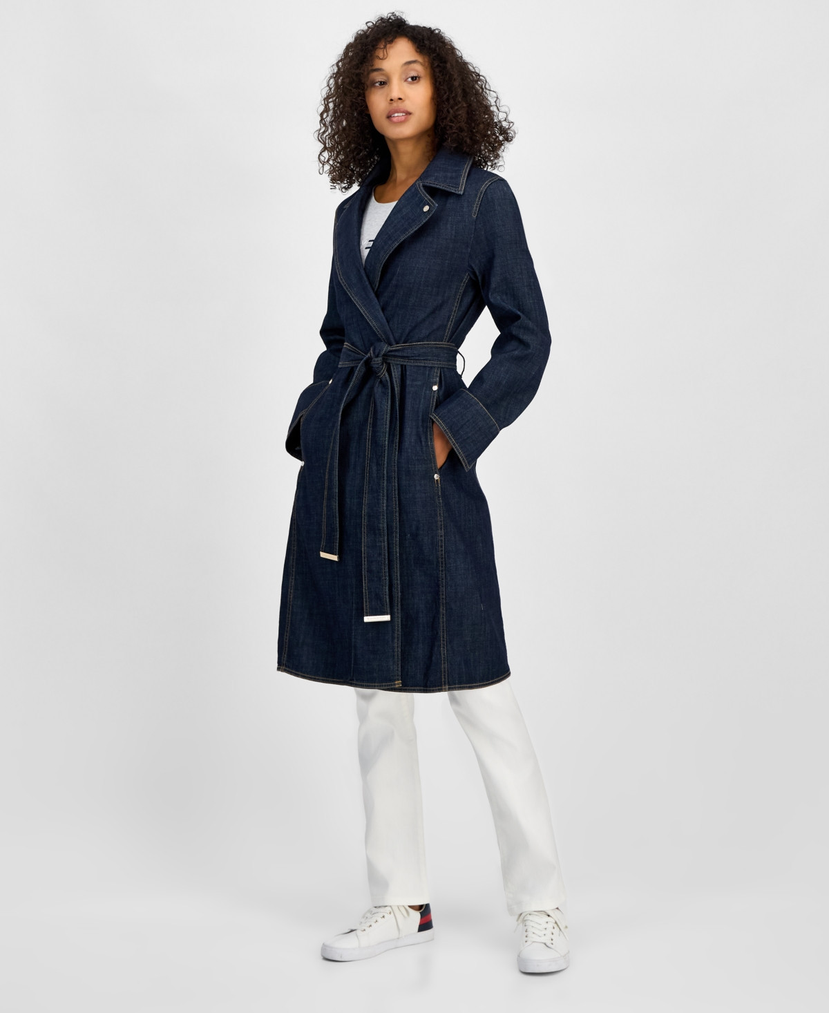 Tommy Hilfiger Women's Belted Denim Trench Coat - Dark Benson | Macy's