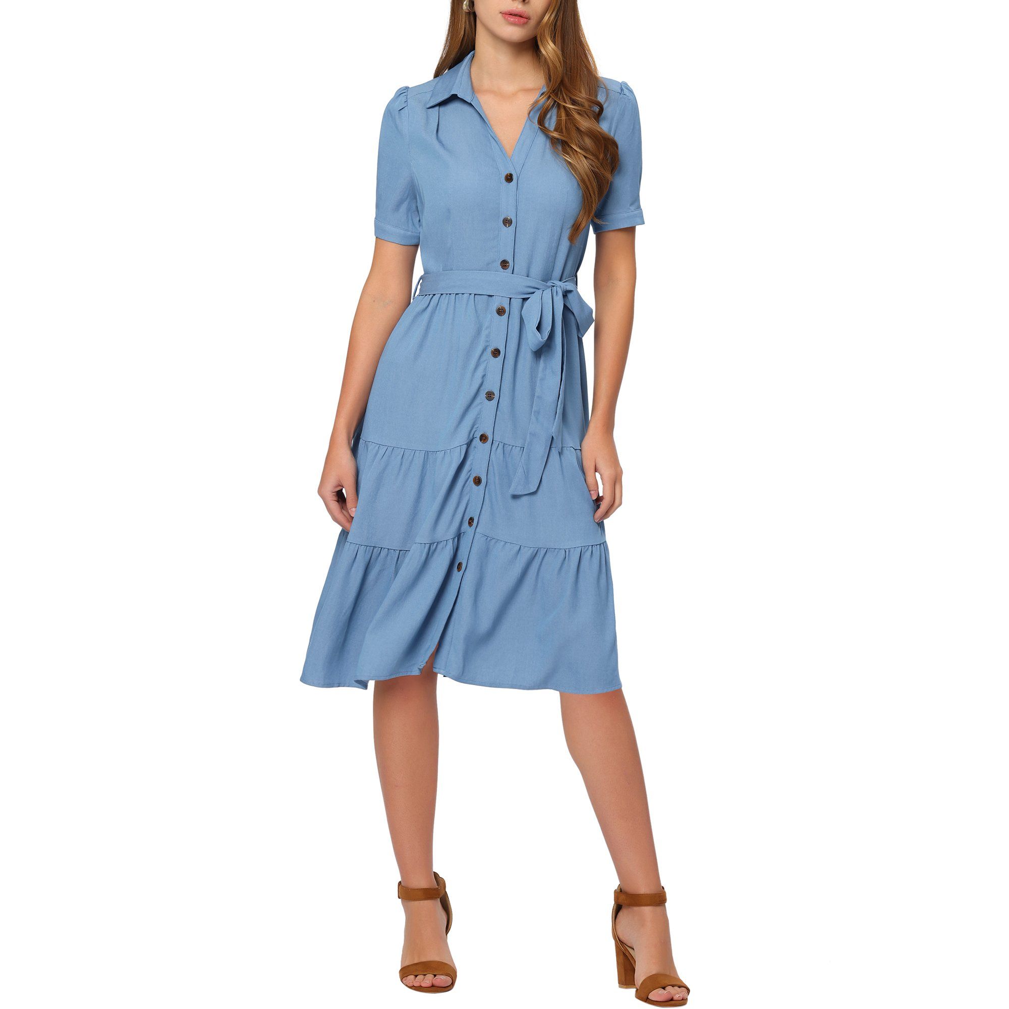 Allegra K Women's Casual Button Down Short Sleeve Tie Waist V Neck Shirt Dress | Walmart (US)