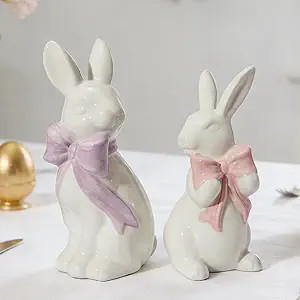 WDS WONDROUS 2PCS Easter Decoration Bunny Decor - Spring Easter White Rabbit Sculpture, Ceramic S... | Amazon (US)