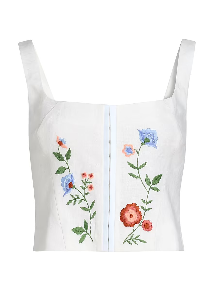 Women's Juliet Floral Embroidered Linen Top - White - Size 4 | Saks Fifth Avenue