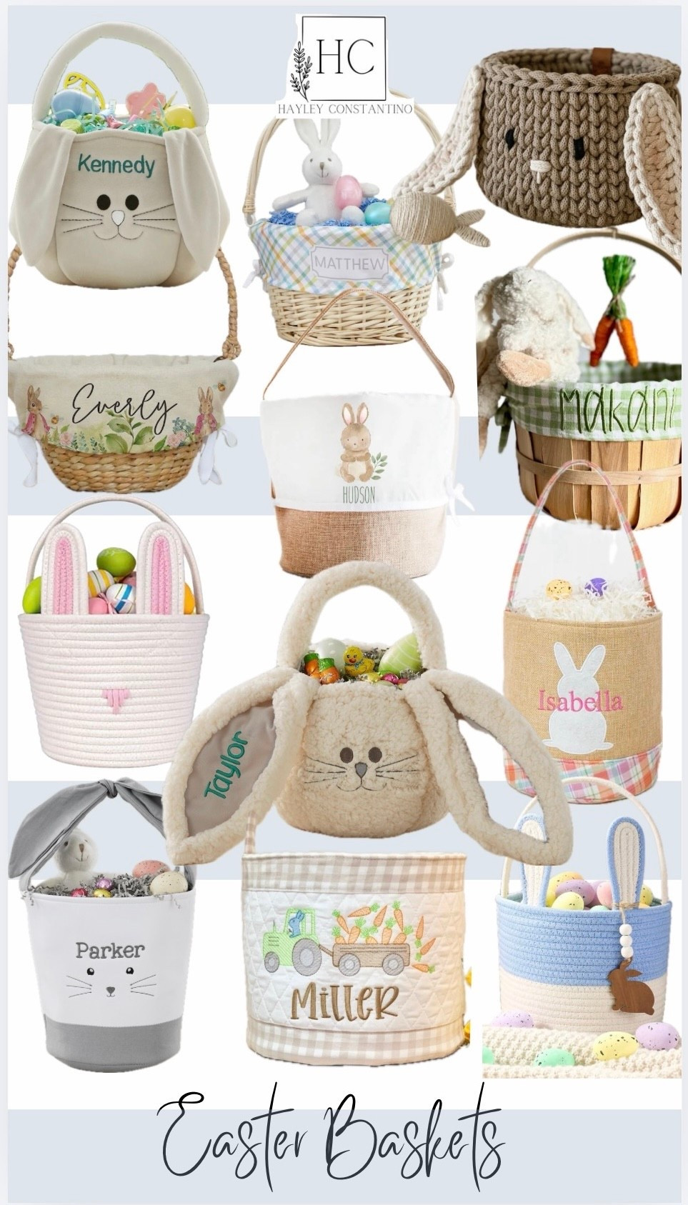 These handmade Easter baskets feel like they’ve hopped straight out of a storybook meadow—sweet, soft, and stitched with love. Each one is thoughtfully personalized with a child’s name, making it more than just a basket… it becomes a keepsake.

From plush bunny faces with floppy ears to woven classics trimmed in gingham and florals, these darling designs whisper of spring mornings and tiny footsteps racing toward hidden treasures. You can almost hear the giggles and the rustle of grass as little hands gather eggs.

As *Peter Rabbit* would say,

> “Now run along, and don’t get into mischief.”

But we all know a little Easter mischief is part of the magic.

Imagine your little one waking up to a basket embroidered just for them—soft neutral knits, pastel plaids, sweet bunny silhouettes, and charming woodland touches. Some are cozy and plush for cuddling long after the candy is gone. Others are heirloom-style wicker lined with delicate fabrics, perfect for annual egg hunts and springtime photos.

They feel like something out of a nursery rhyme:

*“Little Bunny Foo Foo, hopping through the forest…”*
*“Here comes Peter Cottontail, hopping down the bunny trail…”*

Each basket tells a story—of tiny toes in dewy grass, of chocolate-smudged smiles, of carrots left on the porch “just in case.” They’re soft enough for baby’s first Easter and sturdy enough to grow with your child year after year.

These are not just Easter baskets.
They’re keepsakes for memory-making.
They’re the basket tucked away in the attic one day, pulled down when your child says, “This was mine when I was little.”

As Beatrix Potter wrote in *The Tale of Peter Rabbit*:

> “It is said that the effect of eating too much lettuce is ‘soporific.’”

But there will be nothing sleepy about Easter morning with one of these beauties waiting at the foot of the bed.

Handmade. Personalized. Storybook sweet.
Because childhood should feel like a meadow in spring. 🌷🐰✨
