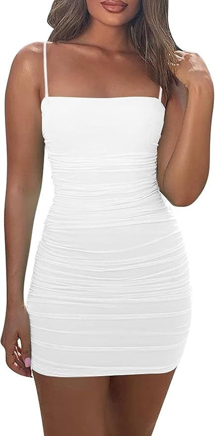 Mizoci Women's Sexy Sleeveless Ruched Spaghetti Strap Bodycon Mini Club Party Dress | Amazon (US)