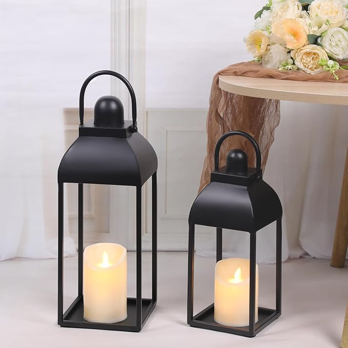 Lanterns Decorative Outdoor Indoor, Black Metal Outdoor Lanterns, 17'' 13'' Set of 2 Modern Farmh... | Amazon (US)