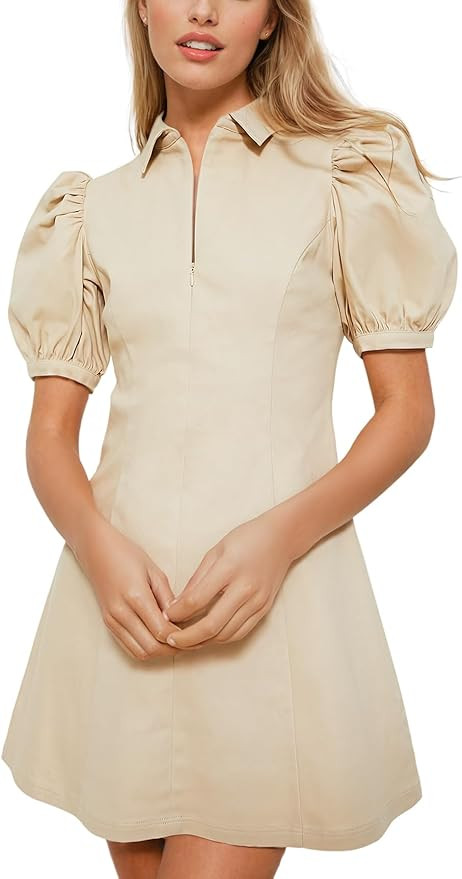 Women's Classy Short Puff Sleeve Front Zip Mini Dress | Amazon (US)