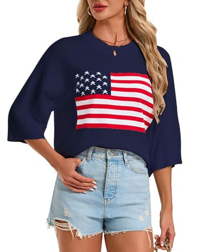 shermie Women's American Flag Knit Sweater Top Half Sleeve Crew Neck Summer Lightweight Pullover (Navy,Medium) | Amazon (US)