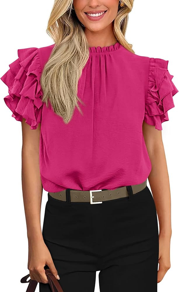 KIRUNDO Blouses for Women Dressy Casual 2026 Spring Summer Ruffle Short Sleeve Mock Neck Work Shi... | Amazon (US)