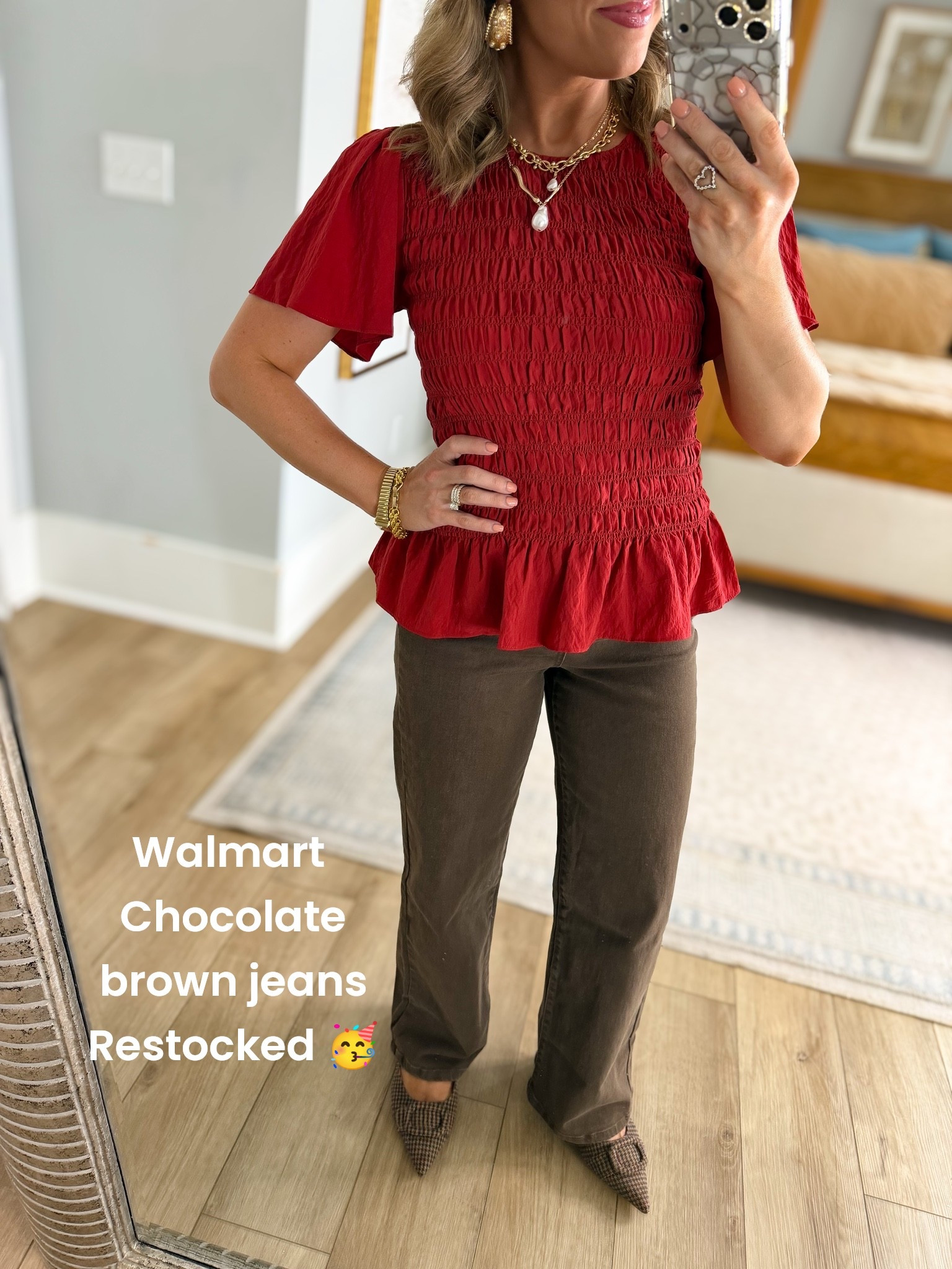 These under $20 Walmart jeans are FINALLY RESTOCKED! 🤎 The chocolate brown color is such a good alternative to classic denim and absolutely perfect for transitioning into fall. I paired them with this gorgeous red smocked peplum top, layered gold jewelry and pointed-toe flats for an easy elevated Walmart outfit. I love finding affordable Walmart fashion pieces that look so much more expensive than they are!

#walmartfashion #walmartfinds #walmartstyle #walmartnewarrivals #walmartfashionfinds #walmartoutfit #walmartjeans #affordablefashion #affordablestyle #fallfashion #falloutfit #falloutfitideas #brownjeans #everydaystyle #momstyle #budgetfashion

#LTKootd #LTKPetite
