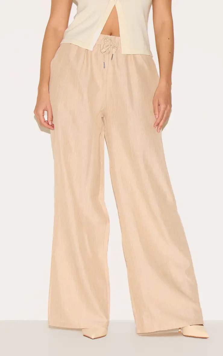 Oatmeal Marl Linen Look Wide Leg Drawstring Trousers | PrettyLittleThing USA | PrettyLittleThing US