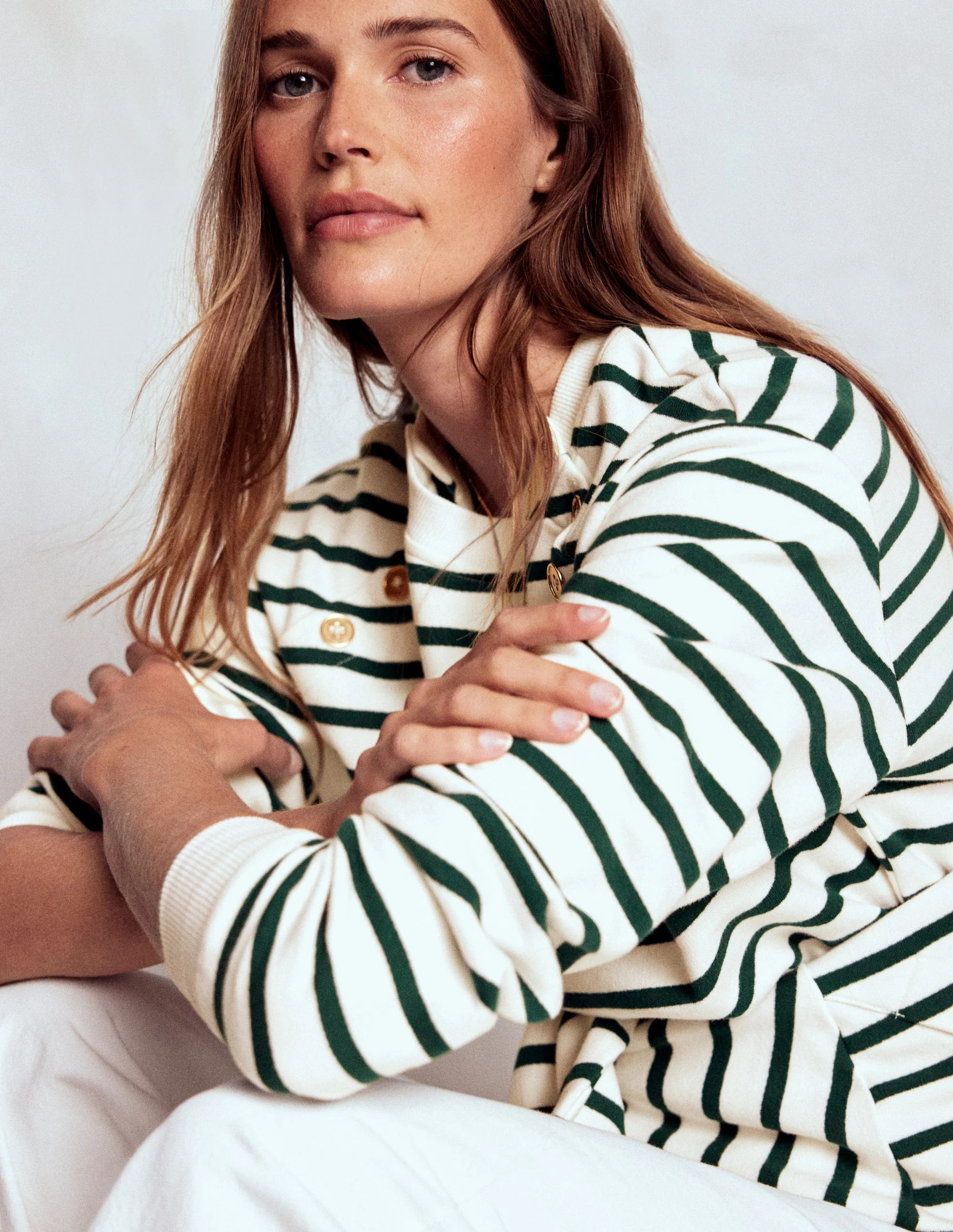Button Detail Sweatshirt-Emerald Night, Ivory | Boden (US)