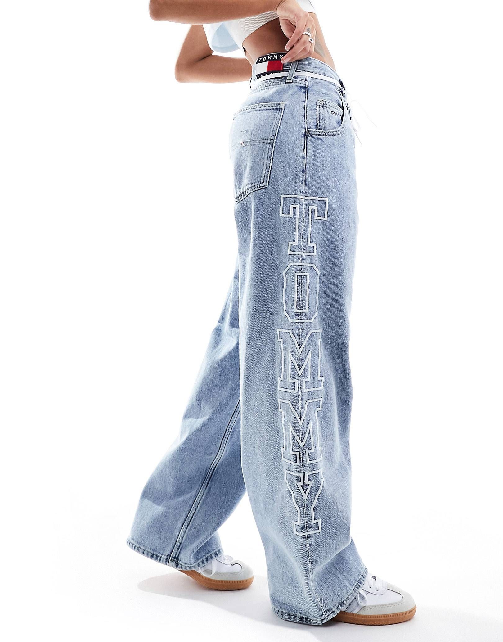 Tommy Jeans daisy low rise side logo baggy jean in mid wash | ASOS (Global)