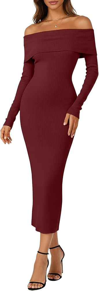 Simlakey Women's Off Shoulder Bodycon Sweater Dress Long Sleeve Fall Maxi Dress Elegant Cocktail ... | Amazon (US)