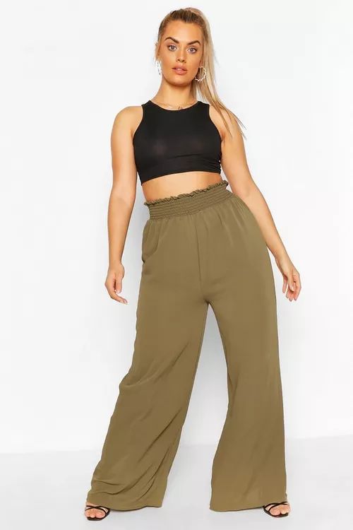 Plus Woven Shirred Waist Wide Leg Pants | Boohoo.com (US & CA)