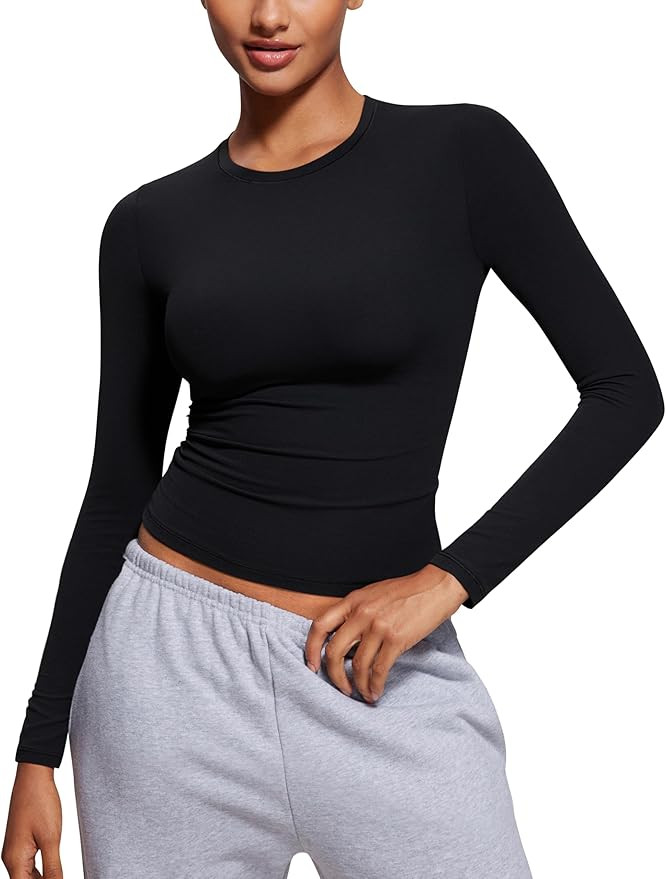 CRZ YOGA Long Sleeve Shirts for Women Soft Crew Neck Fall Basic Tight Tops Fitted Casual Going Ou... | Amazon (US)