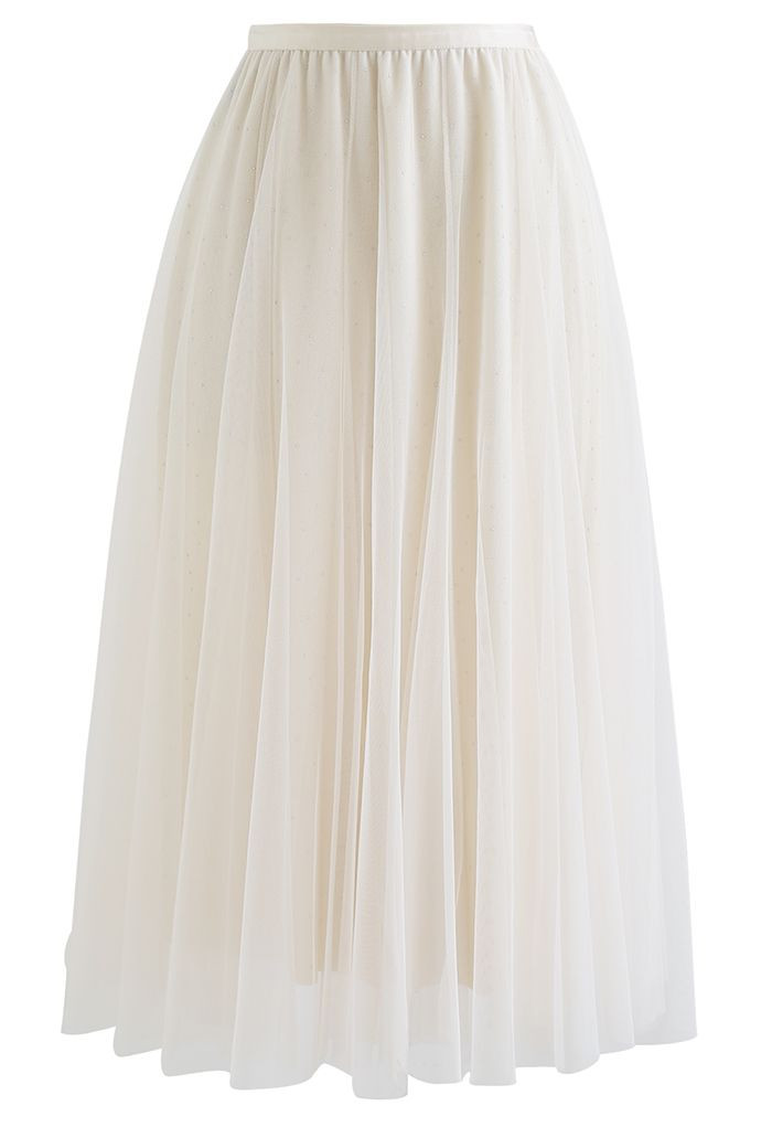 Rambling Crystal Decor Tulle Skirt in Cream | Chicwish