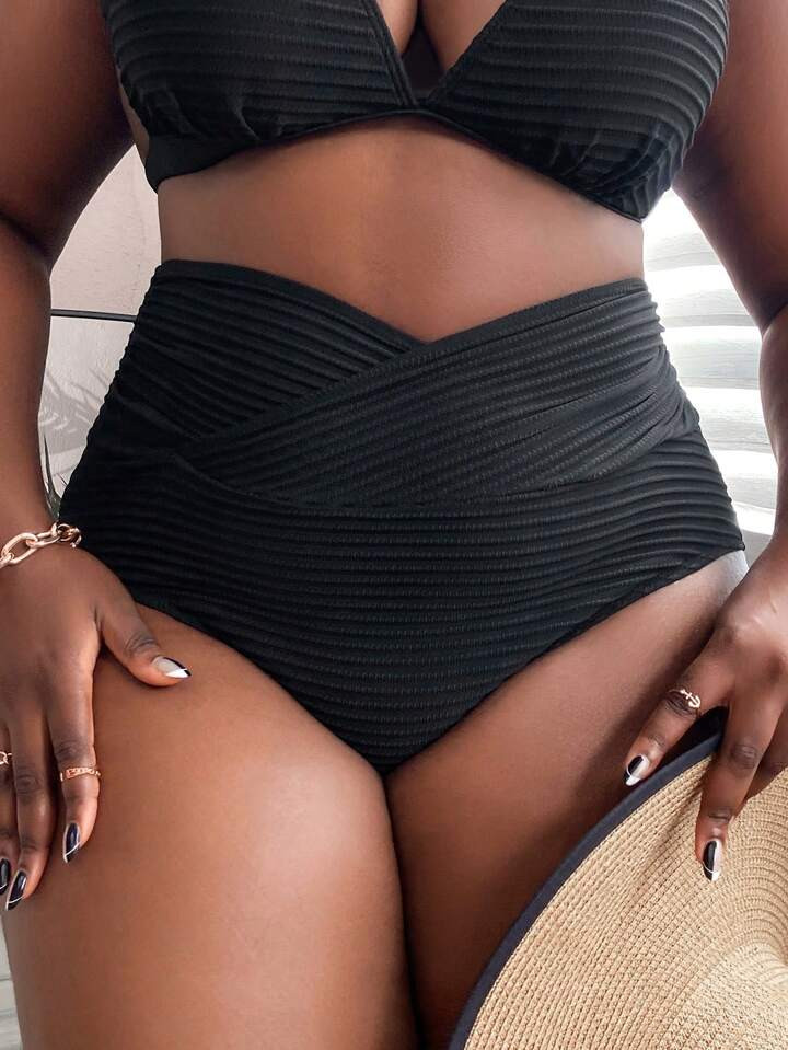 SHEIN Swim Curve Summer Beach Plus Solid Wrap Cross Waist Bikini Bottom | SHEIN