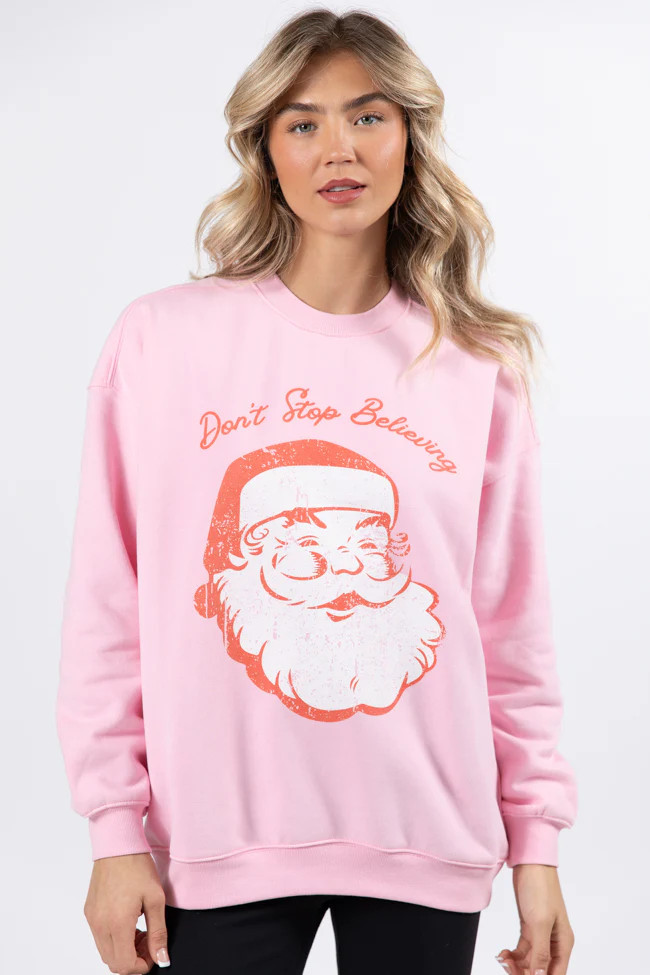 Don't Stop Believin' Light Pink Oversized Graphic Sweatshirt | Pink Lily