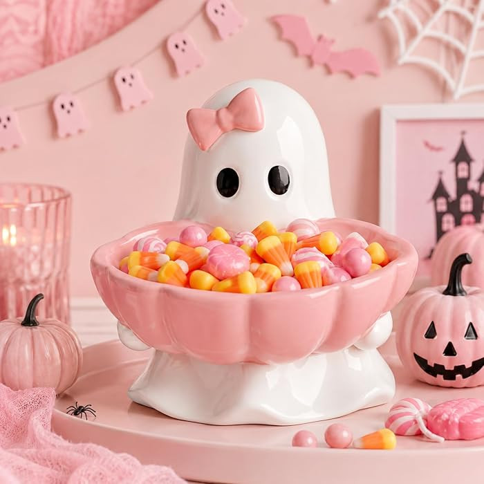 Reallnaive Halloween Candy Bowl Pink Bow Ghost Shaped Ceramic Candy Dish Ghost Serving Tray Cute Halloween Tabletop Decoration Cookie Jar for Party Supply | Amazon (US)