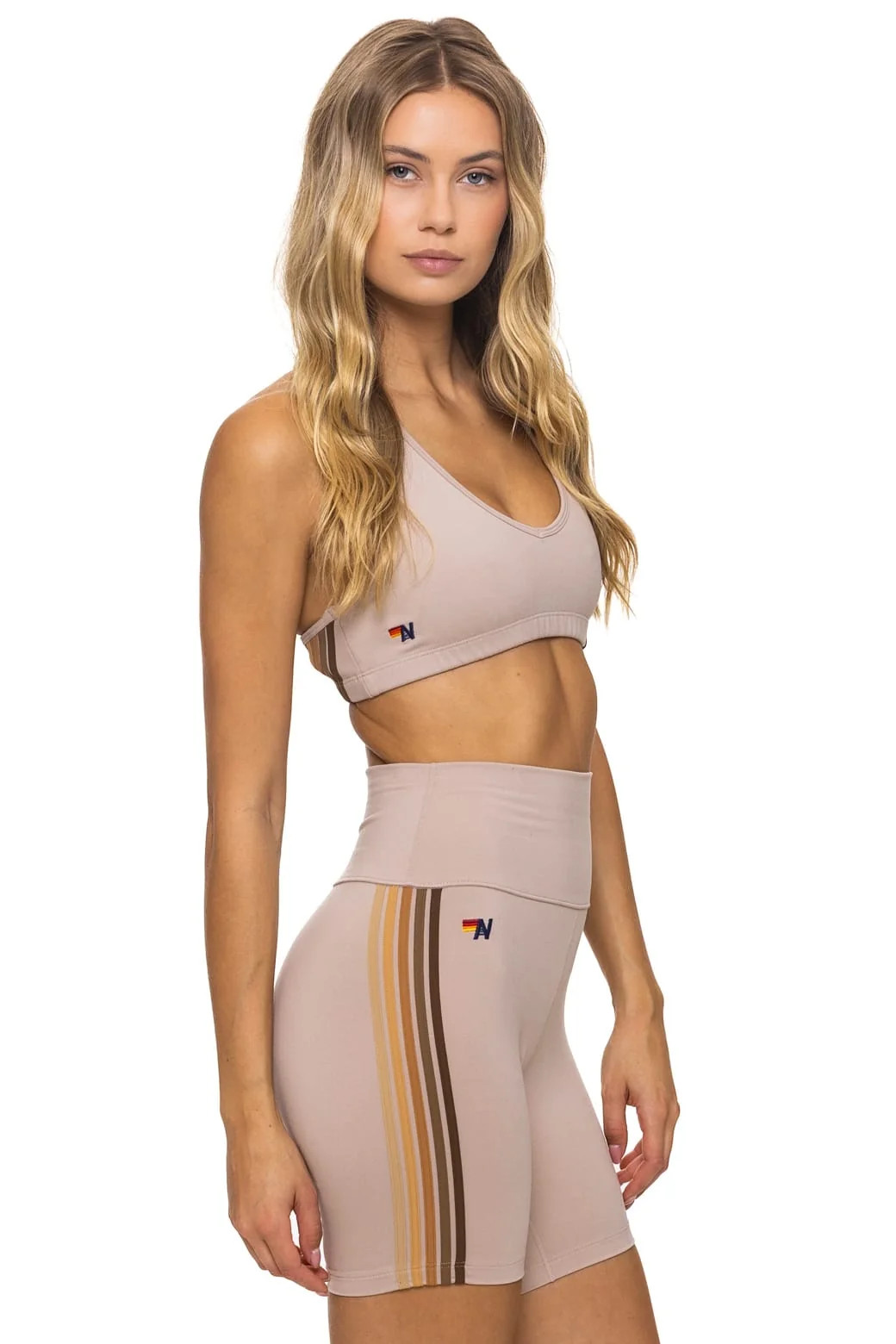 5 STRIPE 5 INCH HI-RISE BIKER SHORT - SAND // ESPRESSO | Aviator Nation